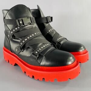 JOHN RICHMOND Size 13 Black Red Solid Leather Track Sole Boots